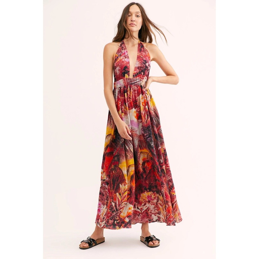 Free People Mika Sunset Dreams Open Back Maxi Halter Boho Resort Dress Small